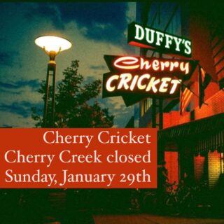 CHERRY CREEK Cricket friends, we’re closed this Sunday, January 29th and will reopen Monday at 11. Join us at our Ballpark location on Sunday or come visit us before / after. #cherrycricket #cherrycreek #memorial #teamlove